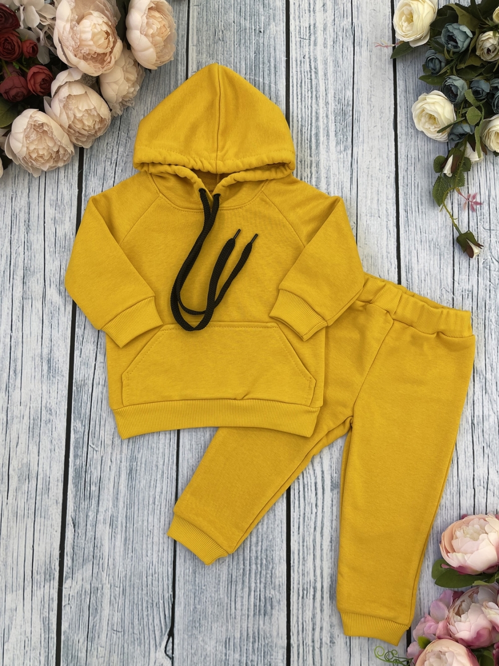 311-А. Свитшот с капюшоном + Штаны, хлопок 65%, 35% ПЭ, 3-х нитка ( без начеса) апельсин 122,128,134,140