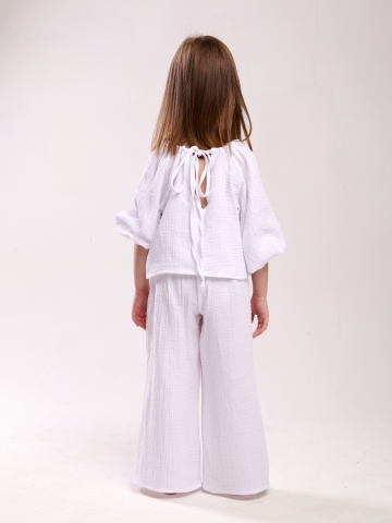 329-БЛ. Костюм детский Палаццо, белый, хлопок 100%  муслин, размеры 98,104,110,116